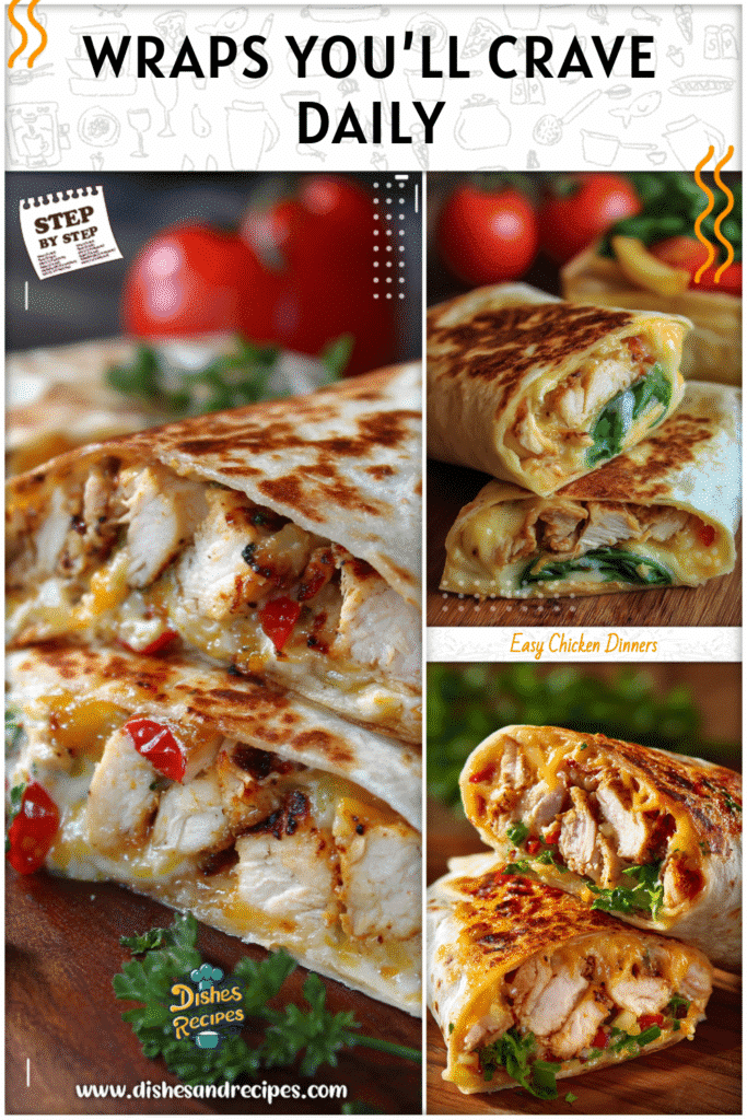 Close-up of a cheesy garlic chicken wrap sliced diagonally showing tender chicken and melted cheese.